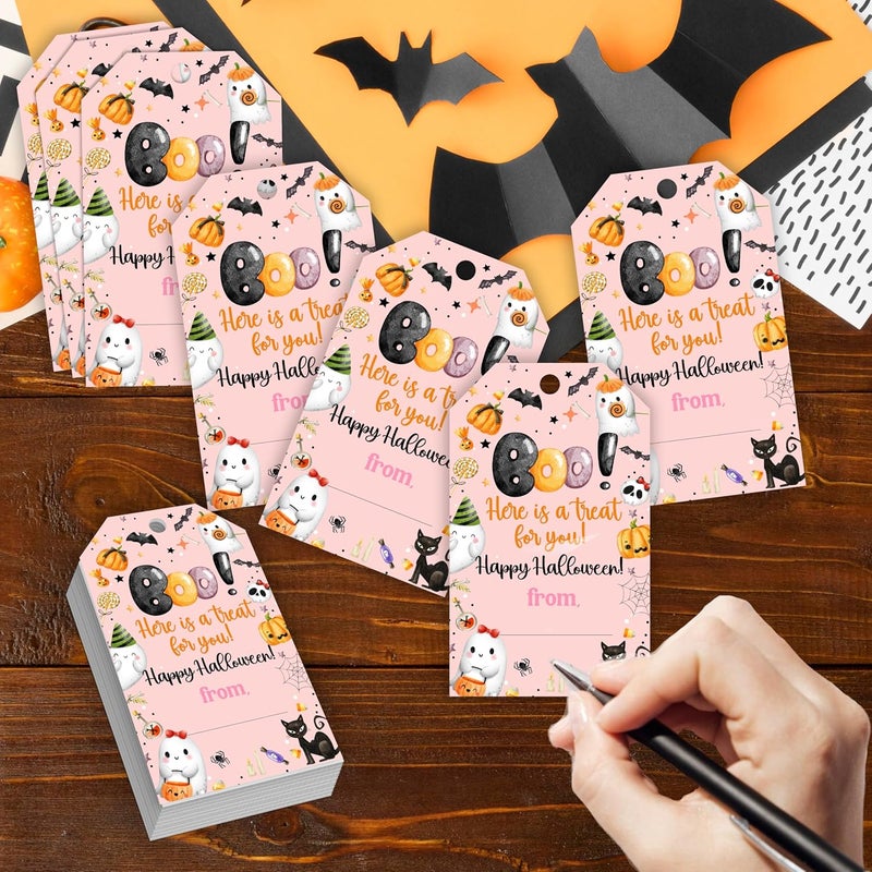 HandEasy 50 Pcs Halloween Tags with String, 2.1"×3.5" Boo Paper Gifts Tags, Pumpkin Trick or Treat for Candy, Ghost Happy Halloween Gifts Tag Wrap for Party Favor - B05 - Image 3